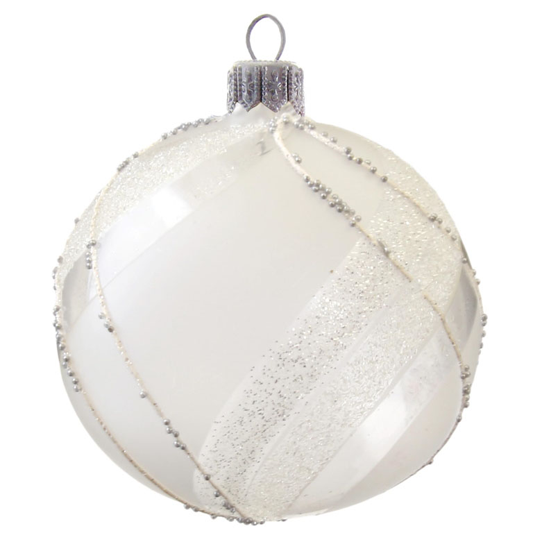 Boule de Noël blanche rayures en platine