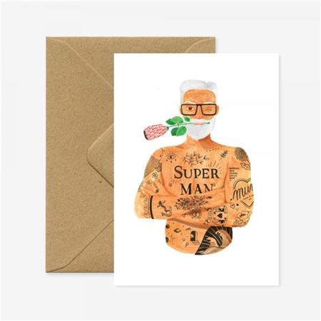 Carte postale avec une enveloppe, super homme tatoué