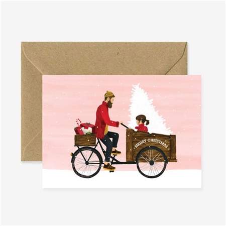 Carte cadeau de Noël, pere avec sa fille sur un vélo