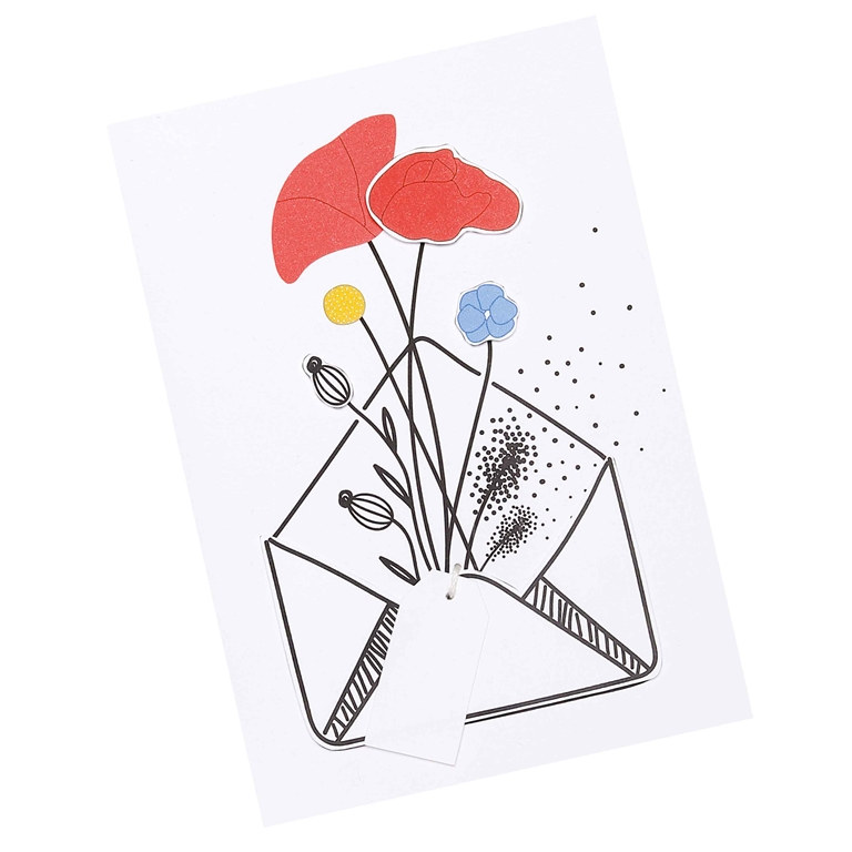 Carte de voeux avec une étiquette avec des coquelicots