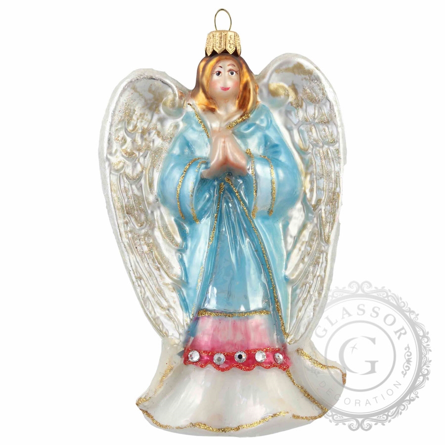 Skleněný anděl modlící s modrými šaty