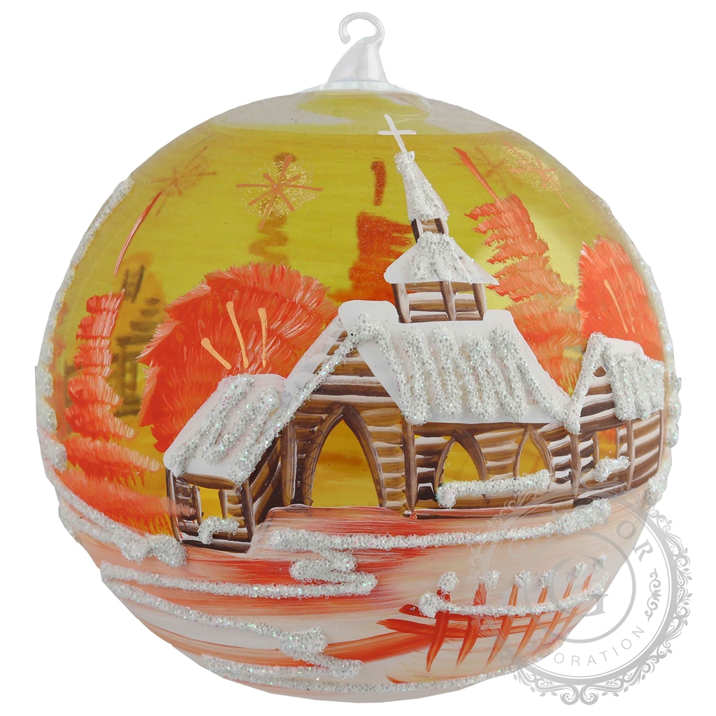 Boule de Noël en verre avec village peint en orange