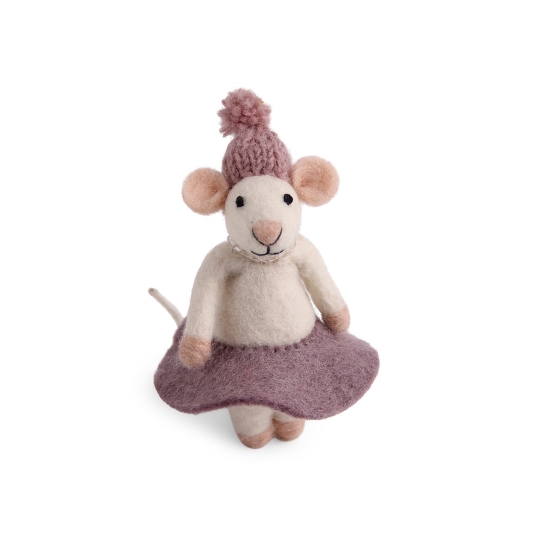 Figurine de souris en feutre avec une jupe rose