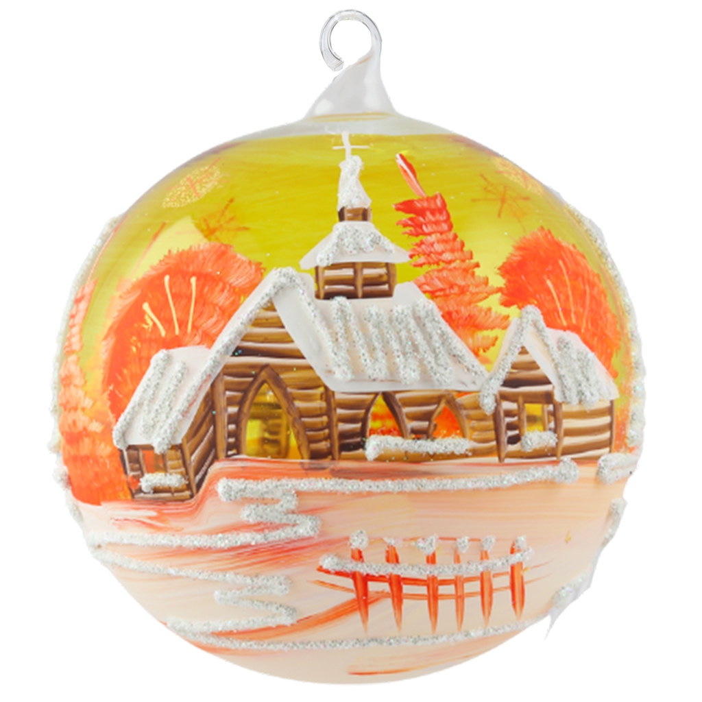 Boule de Noël orange avec maison peinte