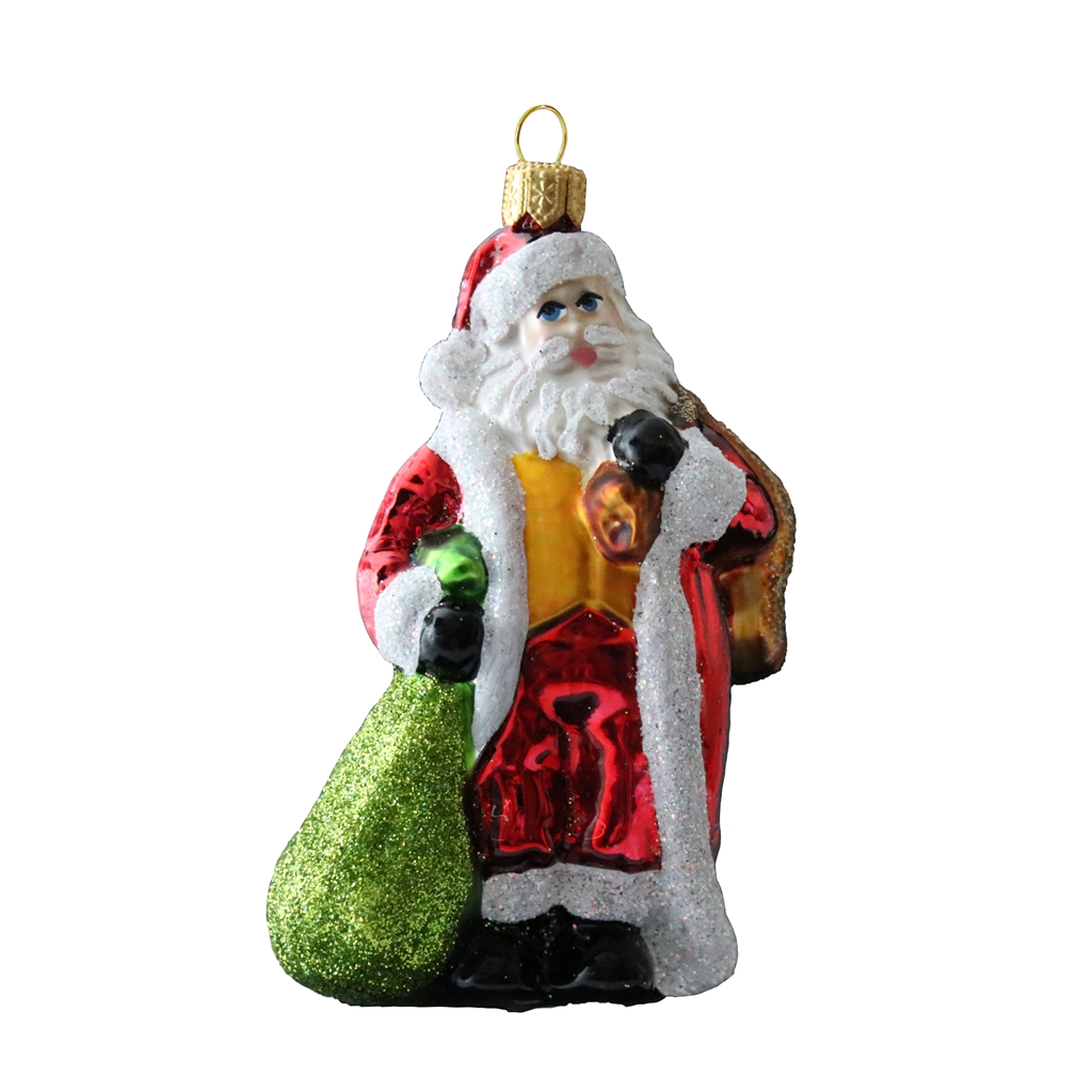 Figurine de Pere Noël en verre avec un sac
