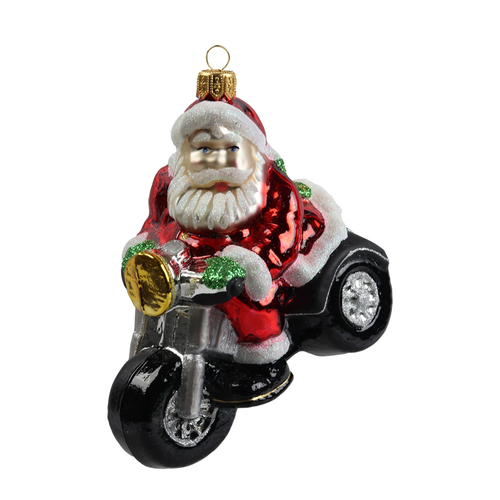 Figurine en verre Père Noël sur une moto