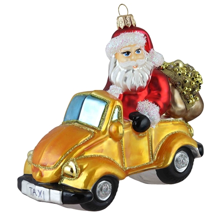 Pere Noël dans une voiture jaune