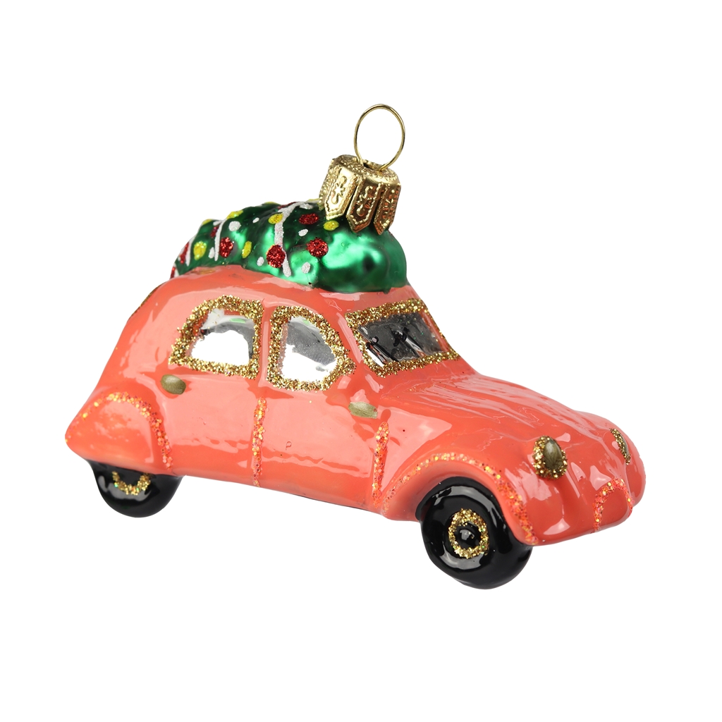 Citroën 2 CV voiture orange avec un sapin