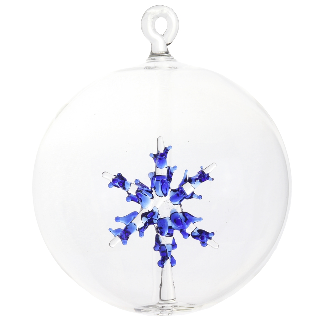 Boule de Noël transparente avec un flocon de neige bleu