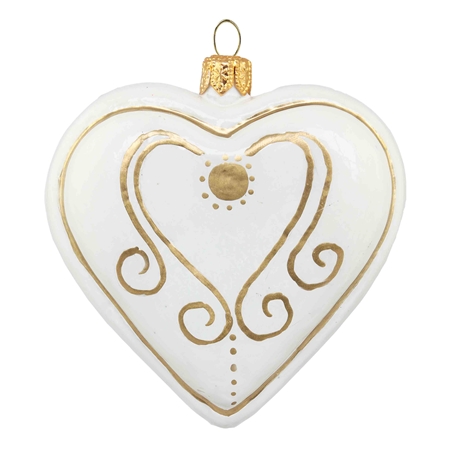 Pain d'épice en verre, coeur blanc avec un décor doré