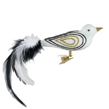 Oiseau en verre blanc, décor doré et noir