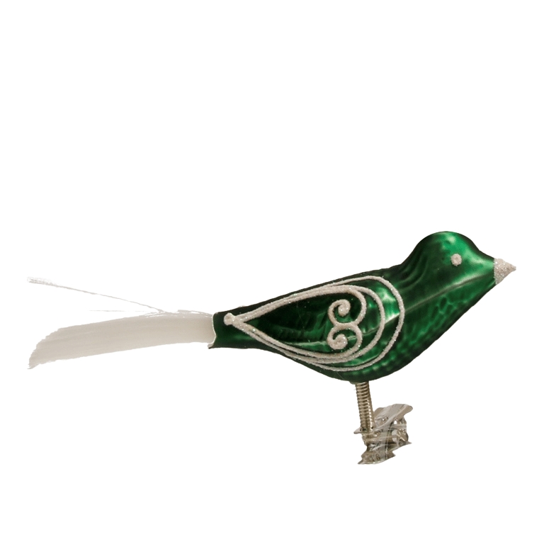 Oiseau en verre, vert avec un décor blanc