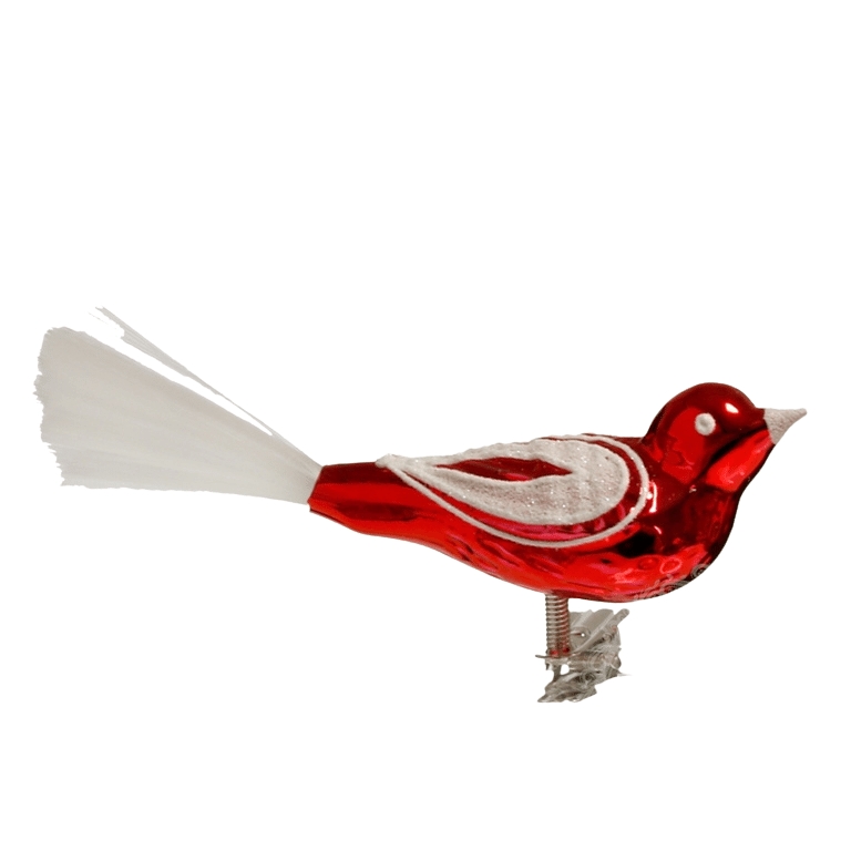 Oiseau en verre, rouge avec un décor blanc