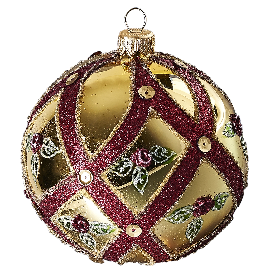 Boule de Noël dorée décor rouge