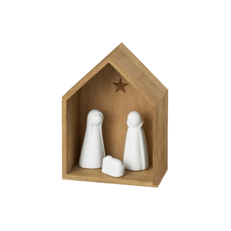 Petite crèche en bois avec figurines en porcelaine