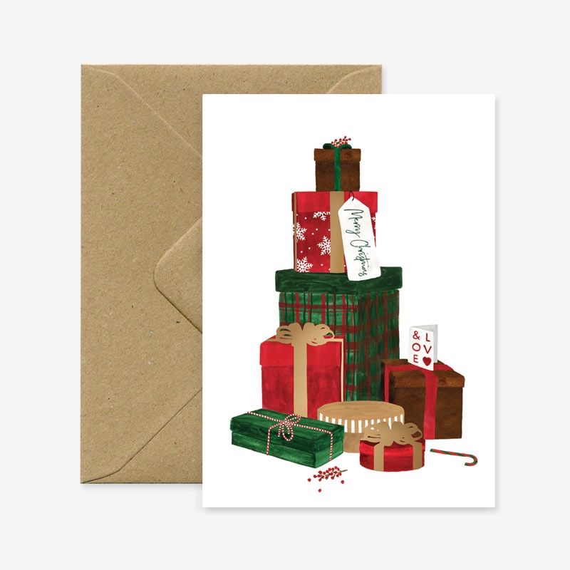 Carte de vœux pile de cadeaux avec enveloppe