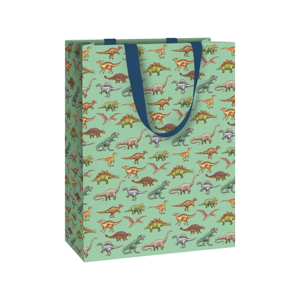 Sac cadeau vert avec motif dinosaures