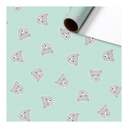 Rouleau de papier cadeau couleur menthe avec ours en peluche