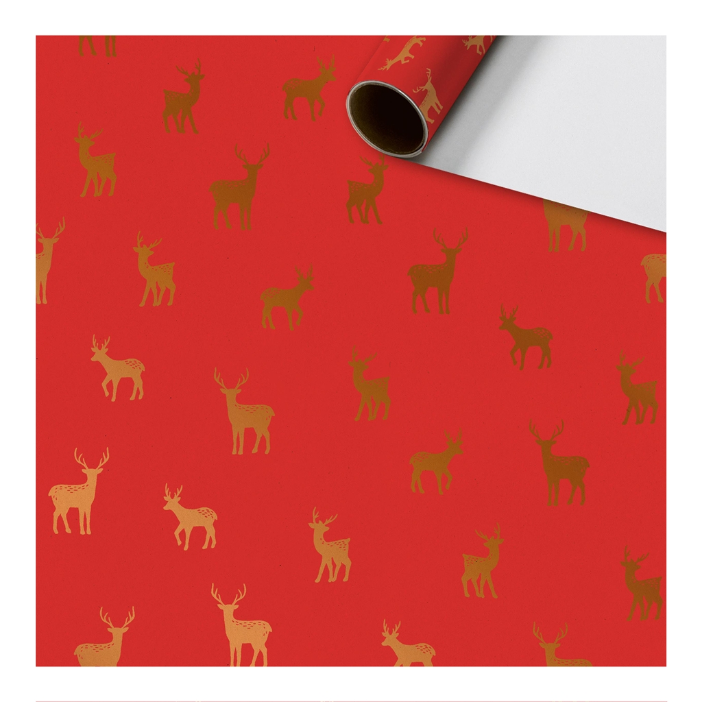 Papier cadeau rouge avec cerfs