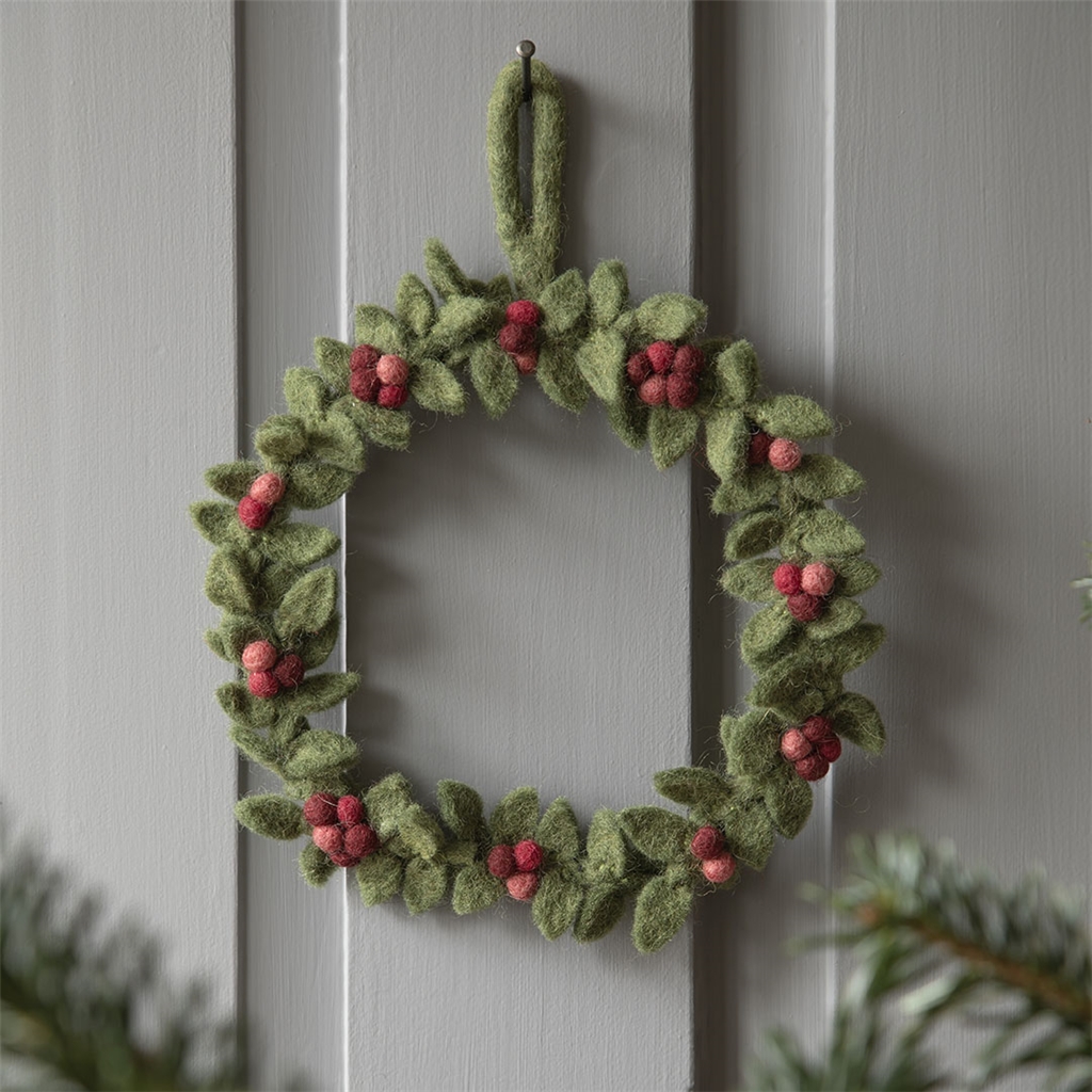 Couronne de Noël en feutre motif houx