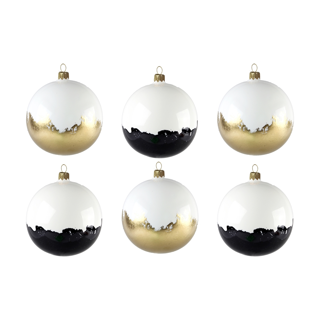 Set de boules de Noël en blanc, noir et or
