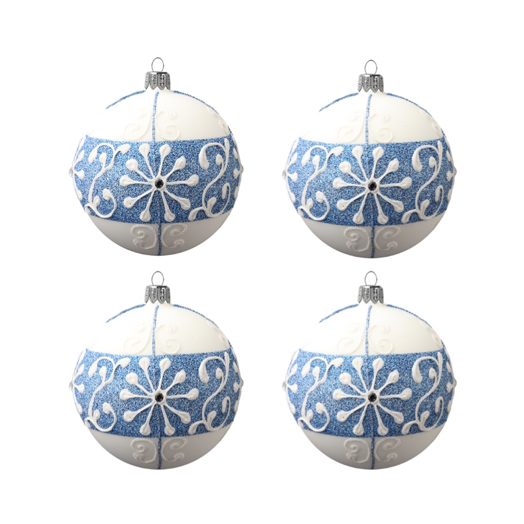 Set de boules de Noël blanches avec bande bleue