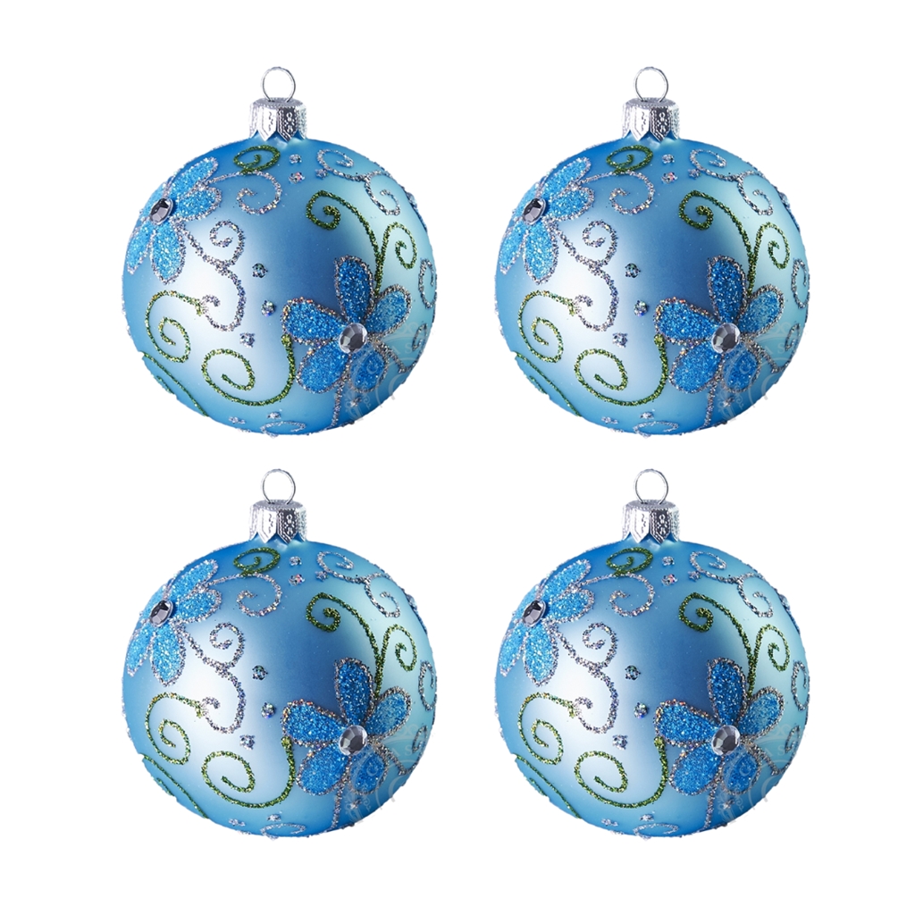 Set de boules de Noël bleues avec fleurs