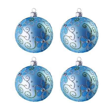Set de boules de Noël bleues avec fleurs