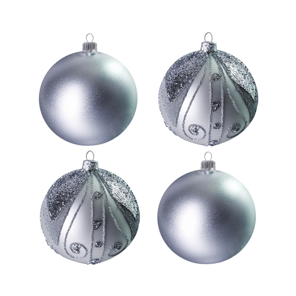 Set de boules de Noël argentées avec décor argenté