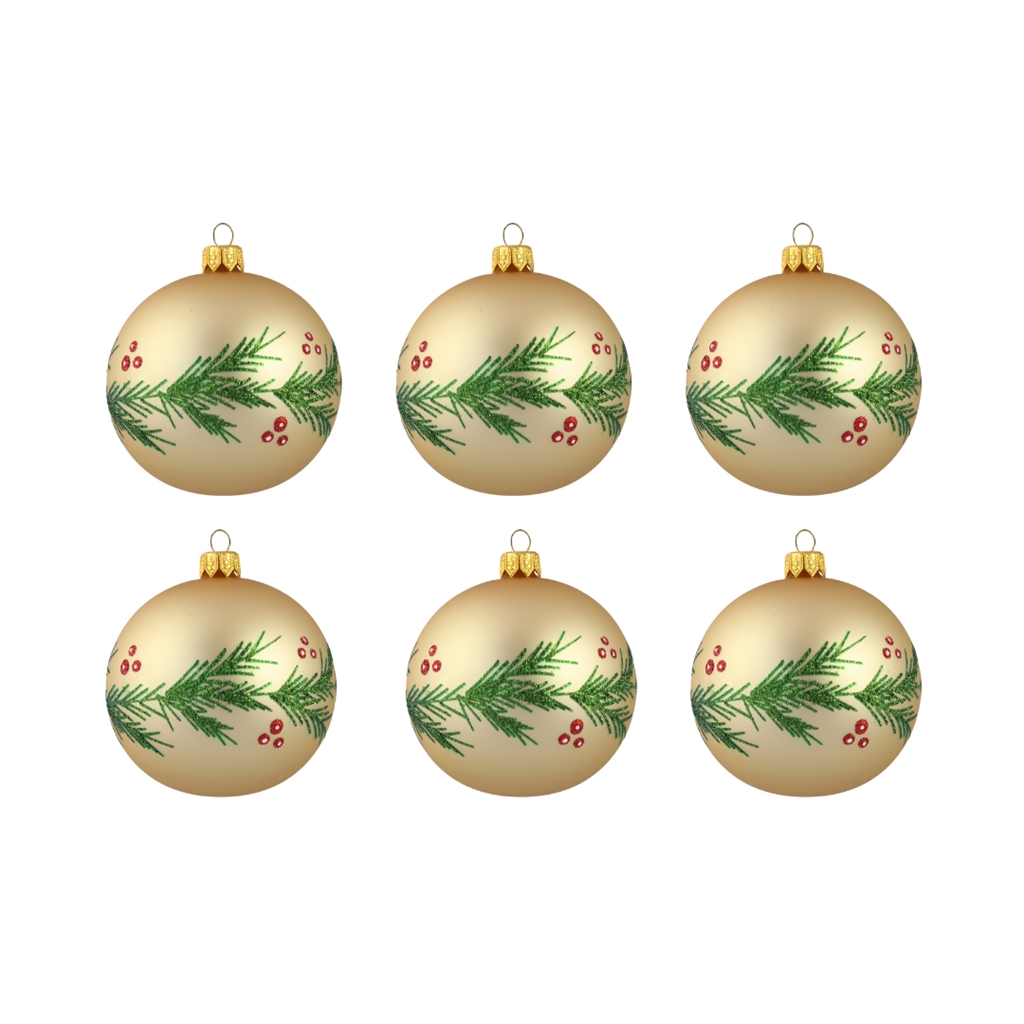Set de boules de Noël dorées avec brindille