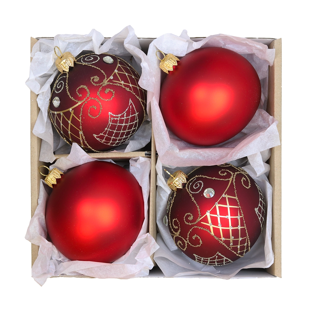 Set de boules de Noël rouges avec grille argentée-dorée