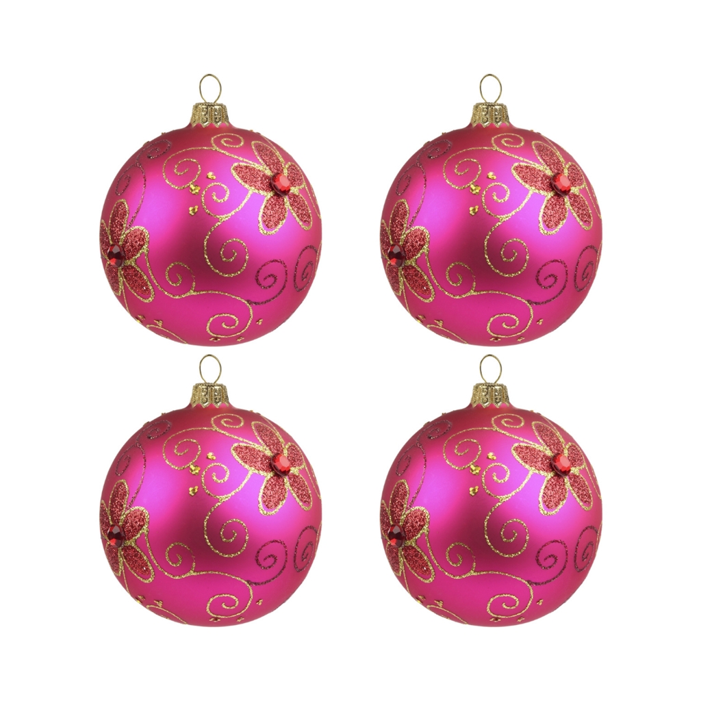 Set de grandes boules de Noël roses avec fleurs