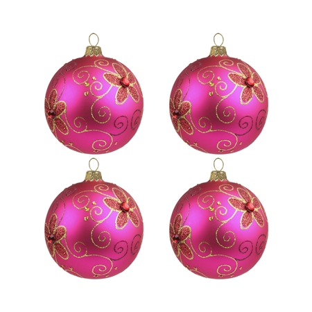 Set de grandes boules de Noël roses avec fleurs