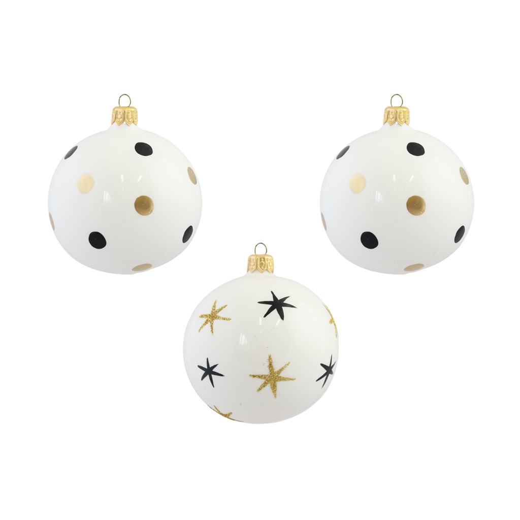 Set de trois boules de Noël avec points et étoiles