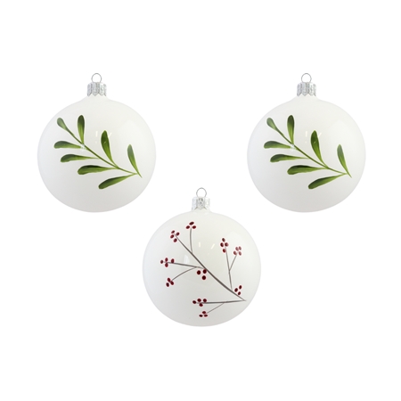 Set de trois boules de Noël en blanc avec gui et houx