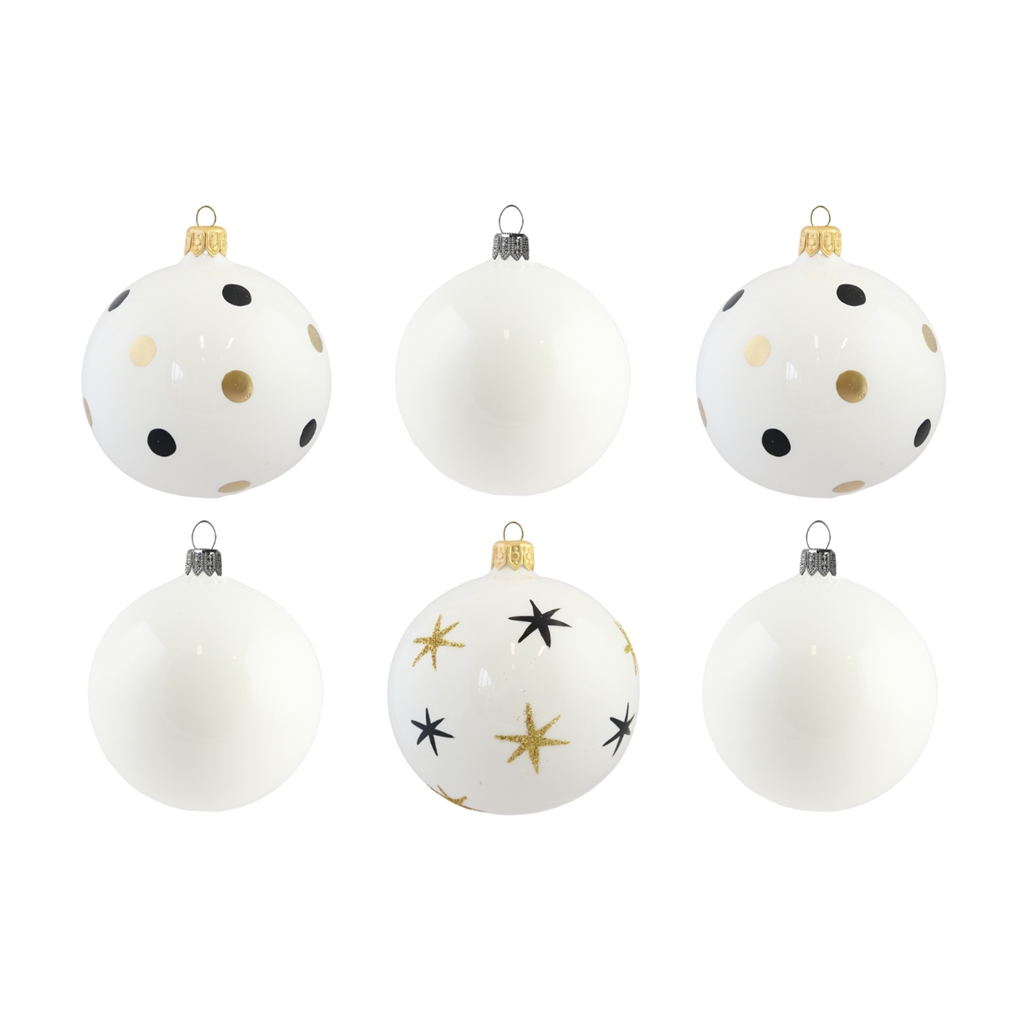 Set de six boules de Noël en blanc avec points et étoiles