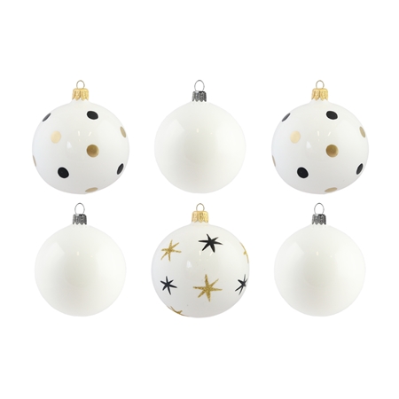 Set de six boules de Noël en blanc avec points et étoiles