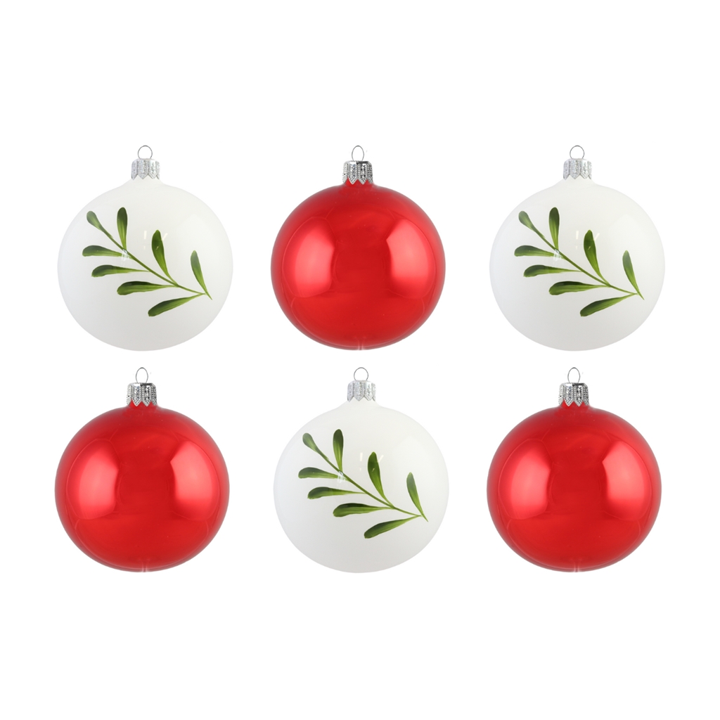 Set de six boules de Noël en rouge et blanc avec gui et houx