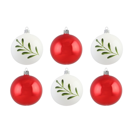 Set de six boules de Noël en rouge et blanc avec gui et houx