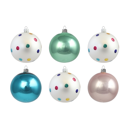 Set de six boules de Noël aux couleurs rétro avec pois