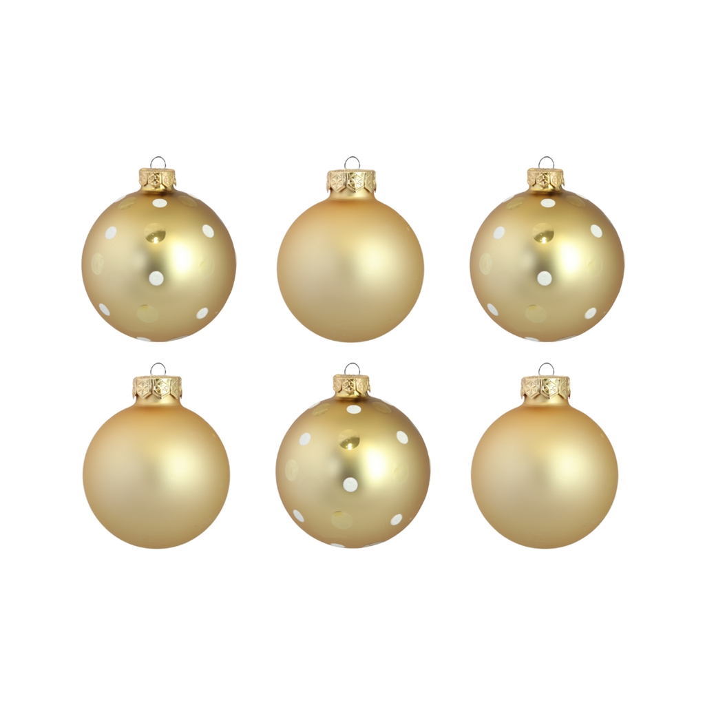 Set de six boules de Noël en or avec pois