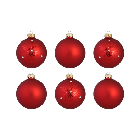 Set de six boules de Noël en rouge avec flocon de neige