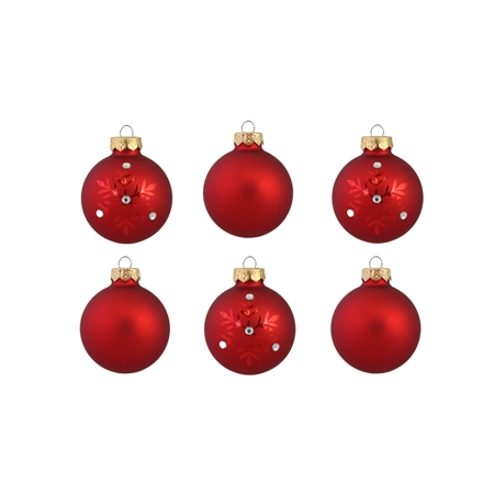 Set de six boules de Noël en rouge avec flocon de neige