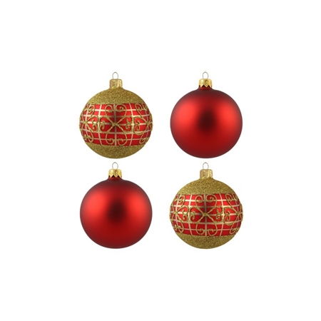 Set de boules de Noël rouges avec décor doré