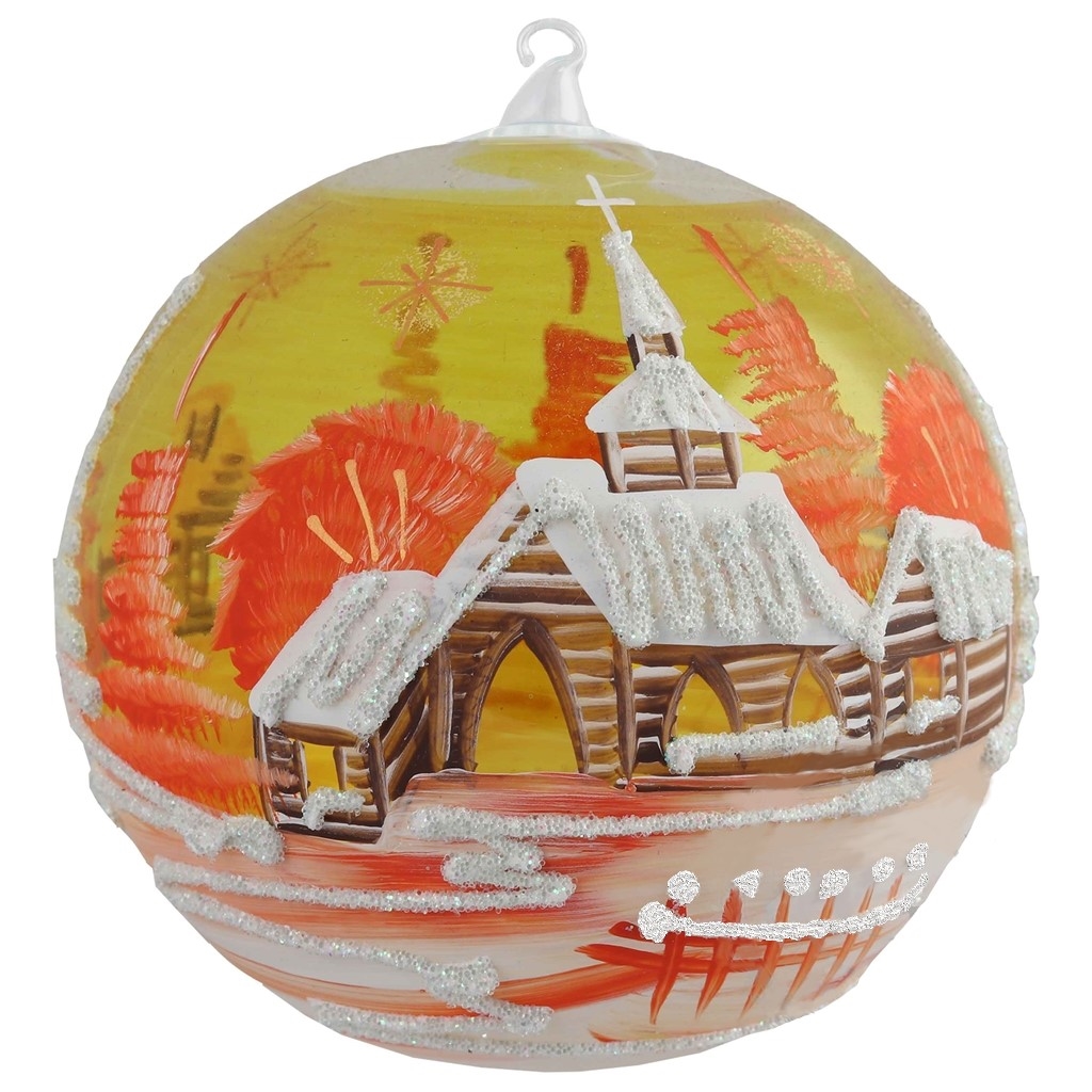Boule de Noël en verre avec village peint en orange