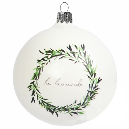 Boule en verre blanche avec un motif d'une couronne de lavande