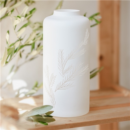 Grand vase en verre blanc à décor de brindilles