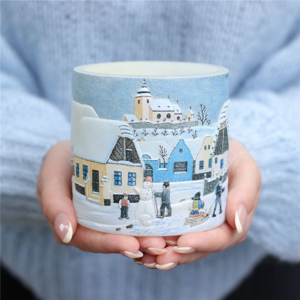 Lanterne avec illustration Nous construisons un bonhomme de neige