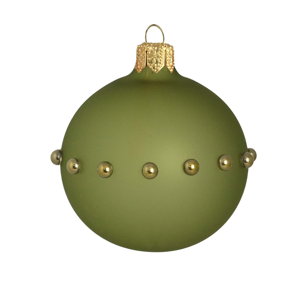 Ornement en verre de couleur vert mat avec décor de perles dorées