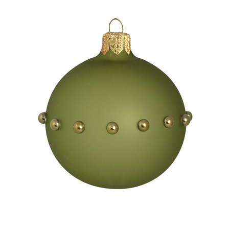 Ornement en verre de couleur vert mat avec décor de perles dorées